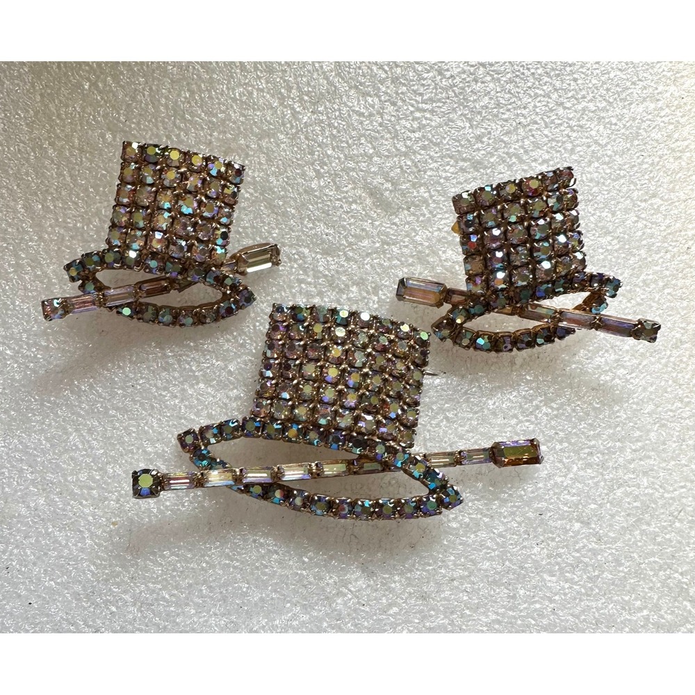 Hobe'‎ Aurora Borealis Rhinestone Pin & Earrings Set Top Hat w/ Cane